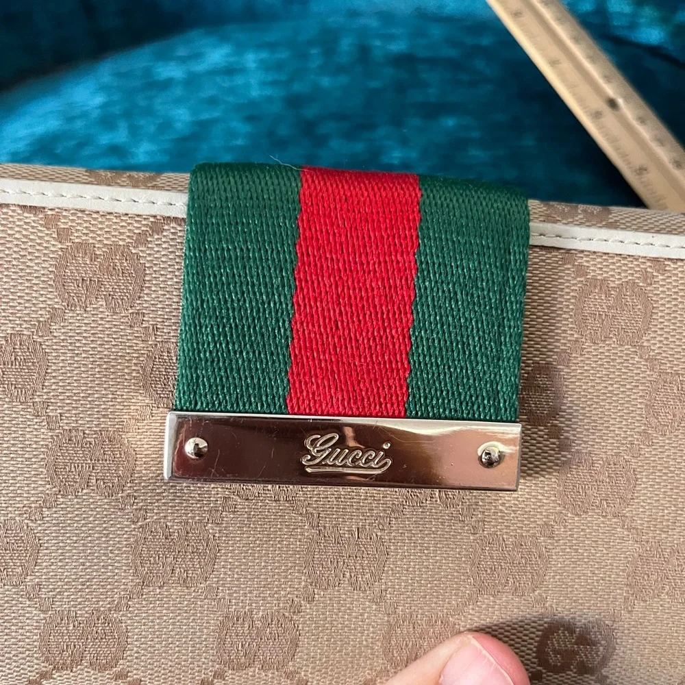 GG Look a like Beige Wallet with Green and Red Stripe with Genuine Leather trim - Picture 7 of 13